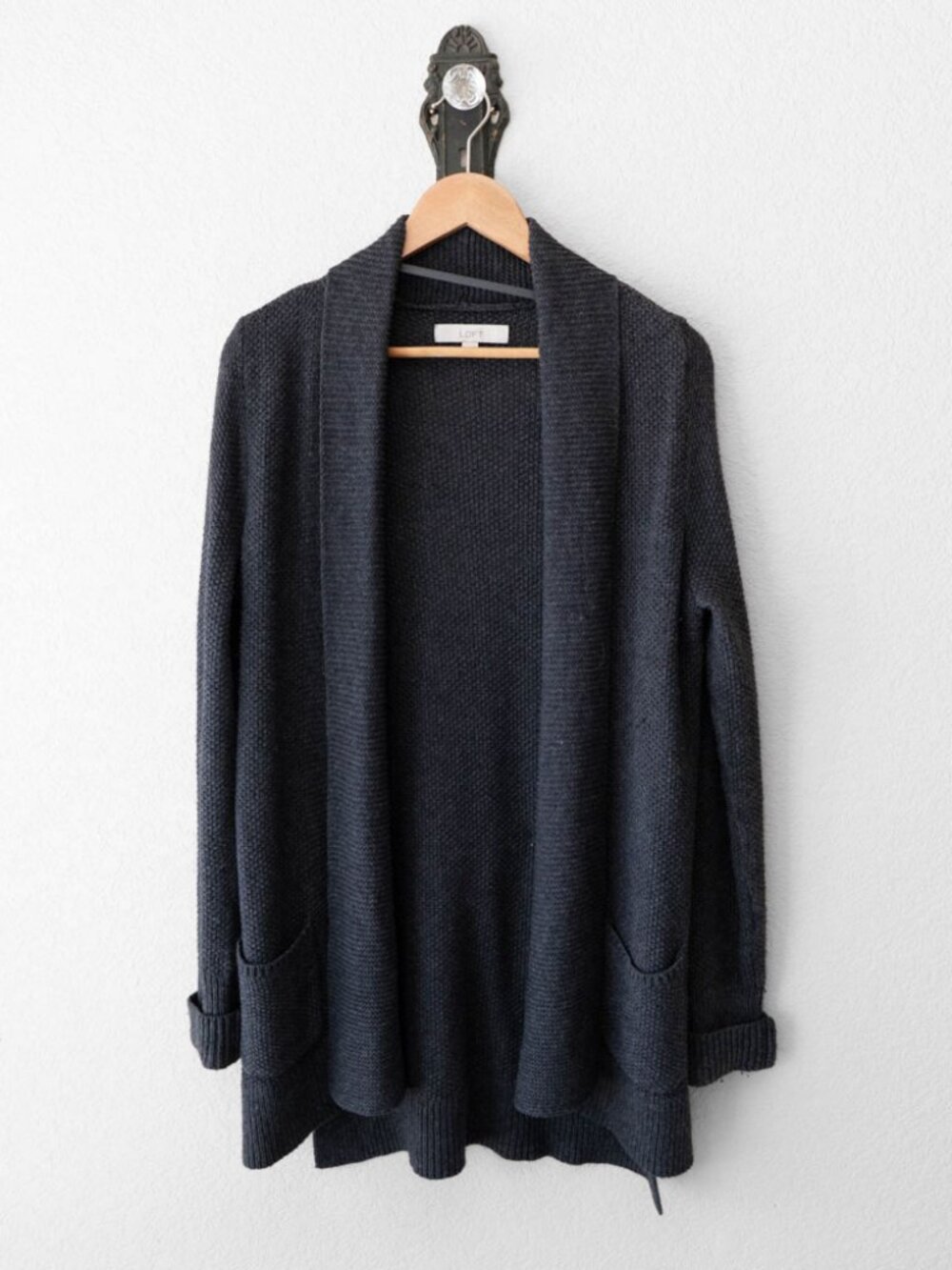 LOFT Dark Gray Wool Blend Open Front Cardigan Sweater Pockets Womens Small